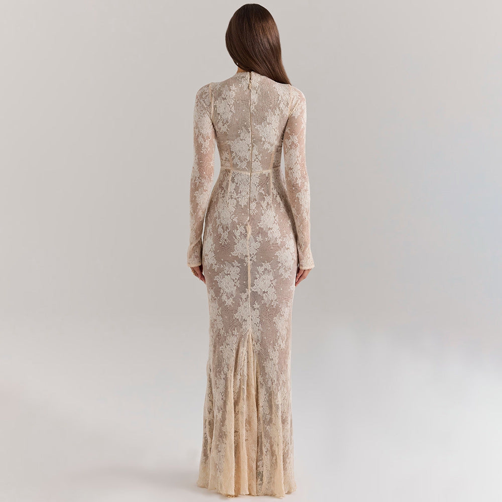 Floral Lace Fishtail Hem Maxi Gown - Apricot