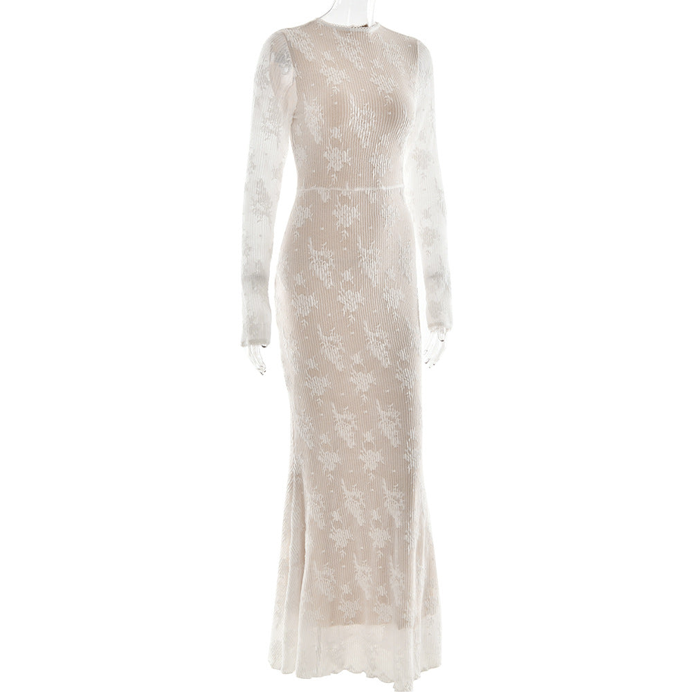Floral Lace Fishtail Hem Maxi Gown - Apricot - 1