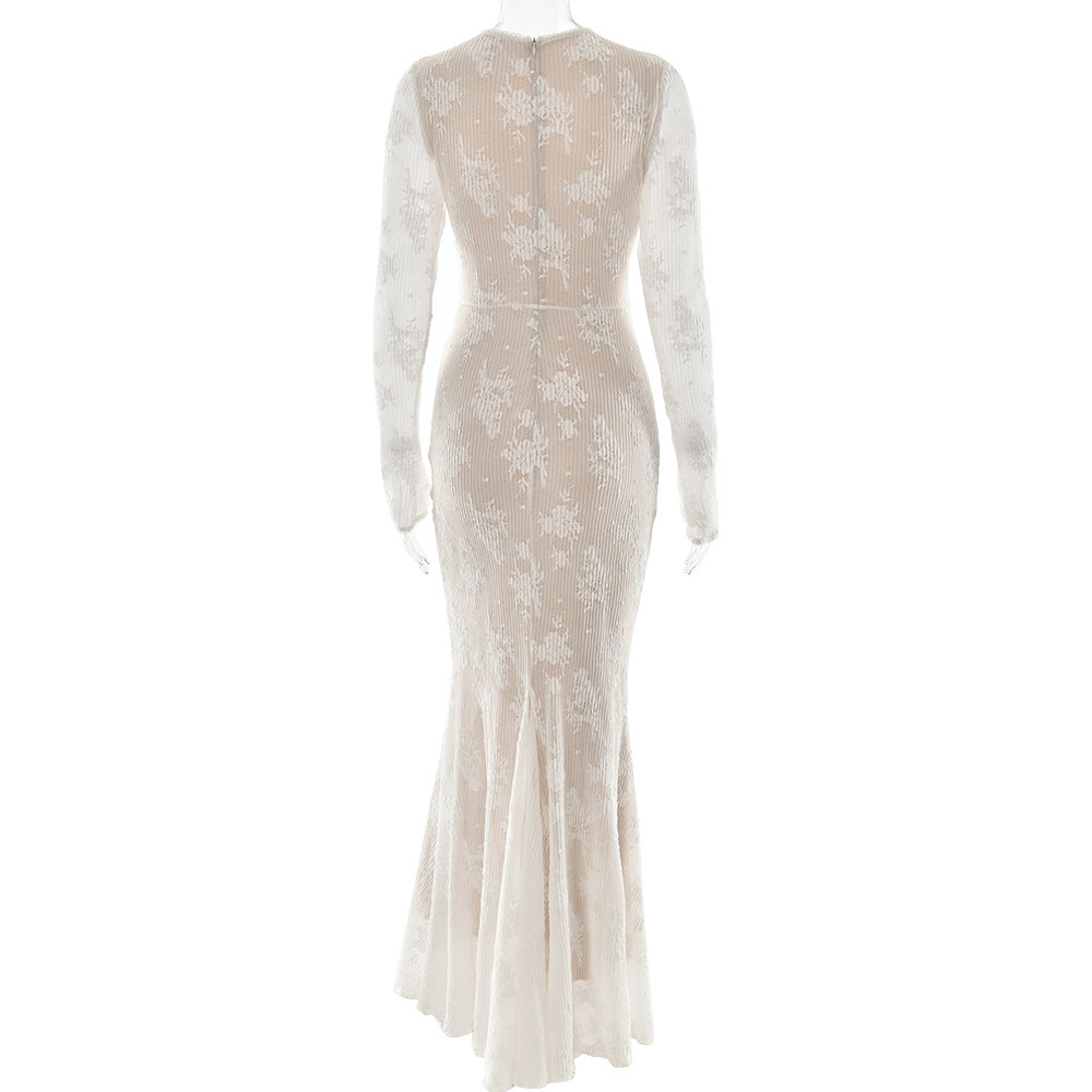 Floral Lace Fishtail Hem Maxi Gown - Apricot - 2