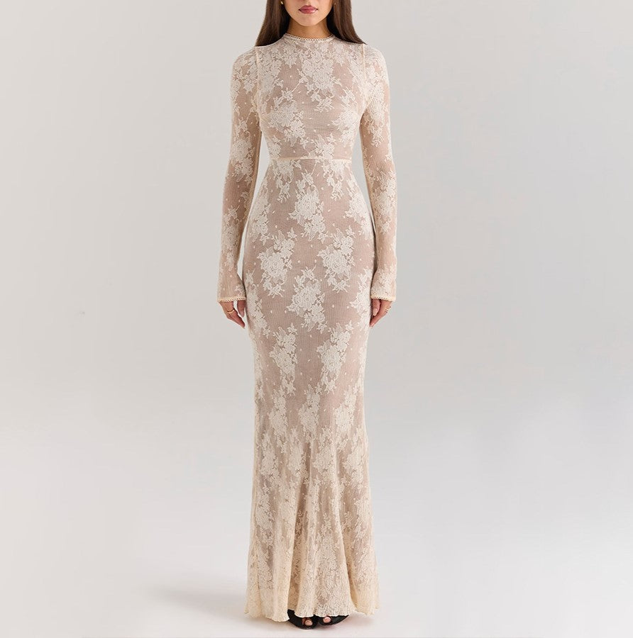 Floral Lace Fishtail Hem Maxi Gown - Apricot - 9