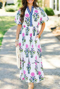 Floral Print V Neck Babydoll Maxi Dress - White