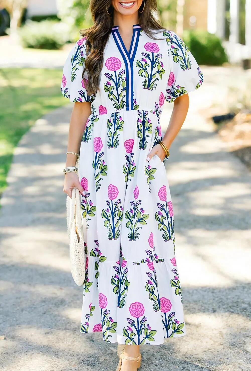 Floral Print V Neck Babydoll Maxi Dress - White