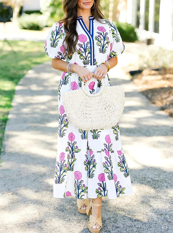 Floral Print V Neck Babydoll Maxi Dress - White - 1