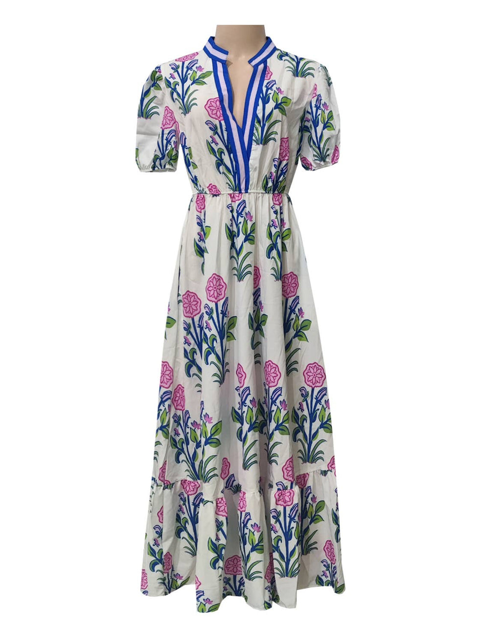 Floral Print V Neck Babydoll Maxi Dress