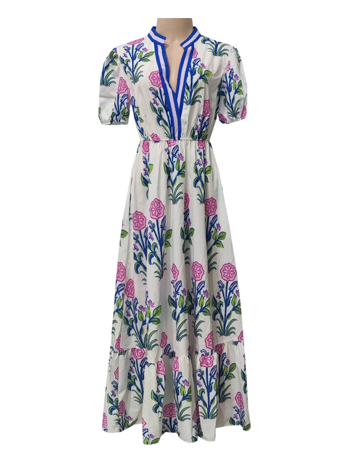 Floral Print V Neck Babydoll Maxi Dress