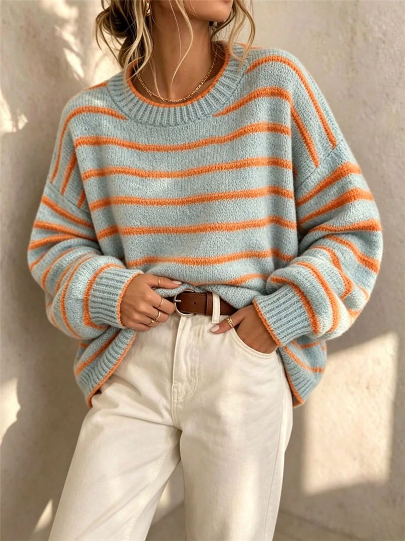 Striped Drop Shoulder Crew Neck Knit Sweater - Blue