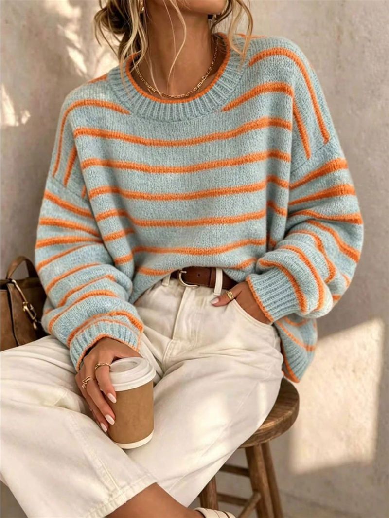 Striped Drop Shoulder Crew Neck Knit Sweater - Blue - 1