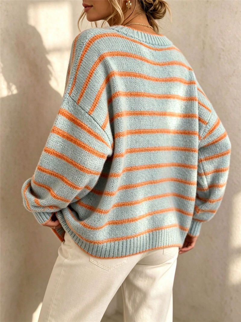 Striped Drop Shoulder Crew Neck Knit Sweater - Blue - 2