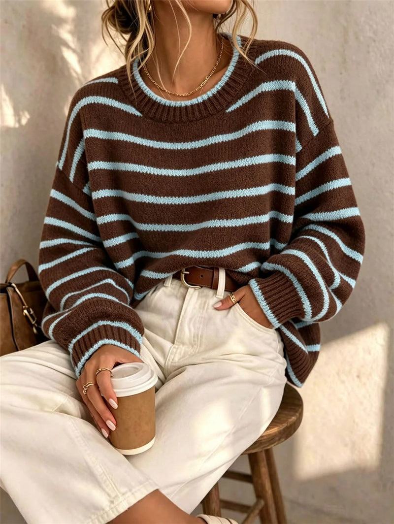 Striped Drop Shoulder Crew Neck Knit Sweater - Brown