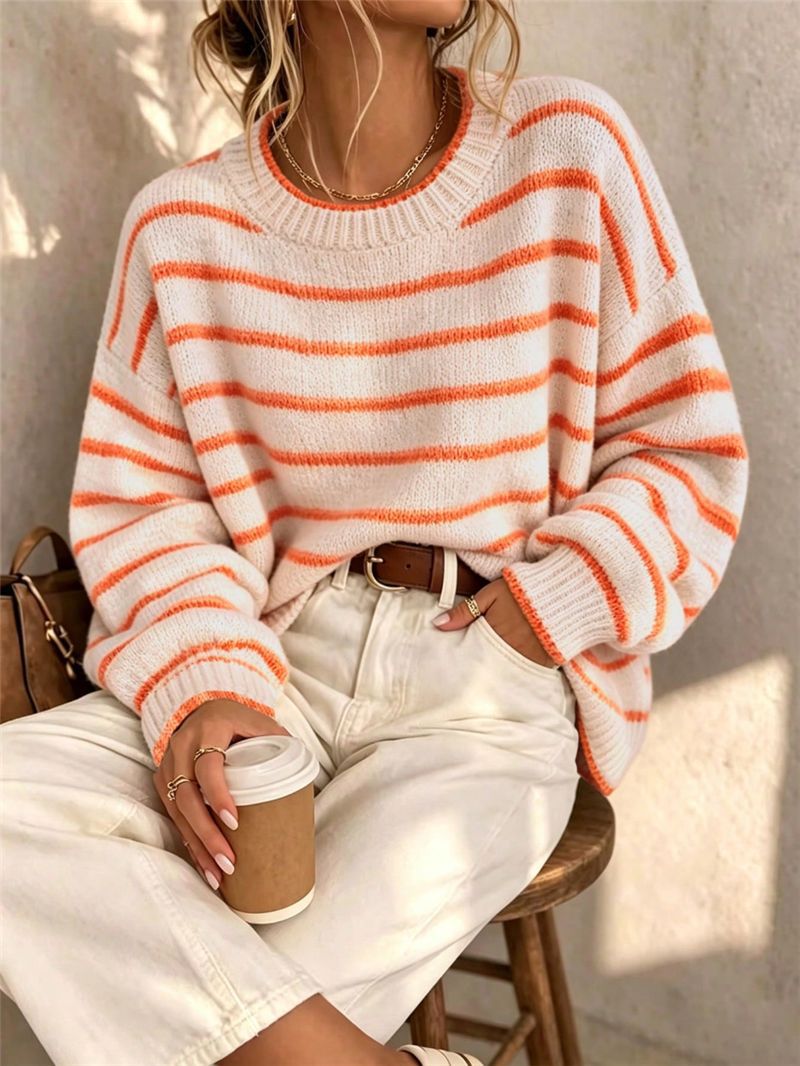 Striped Drop Shoulder Crew Neck Knit Sweater - White