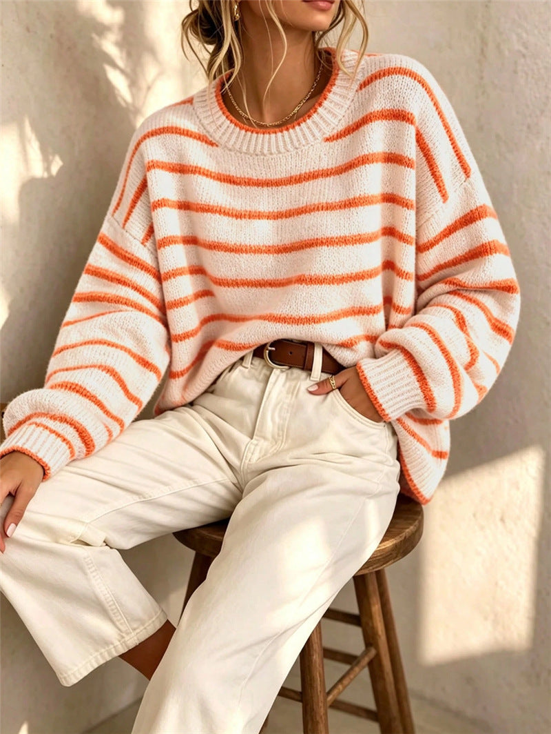 Striped Drop Shoulder Crew Neck Knit Sweater - White - 1