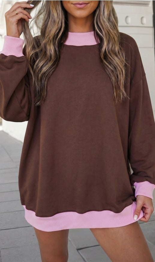 Contrast Rib Mockneck Oversized Sweatshirt - Coffee - 1