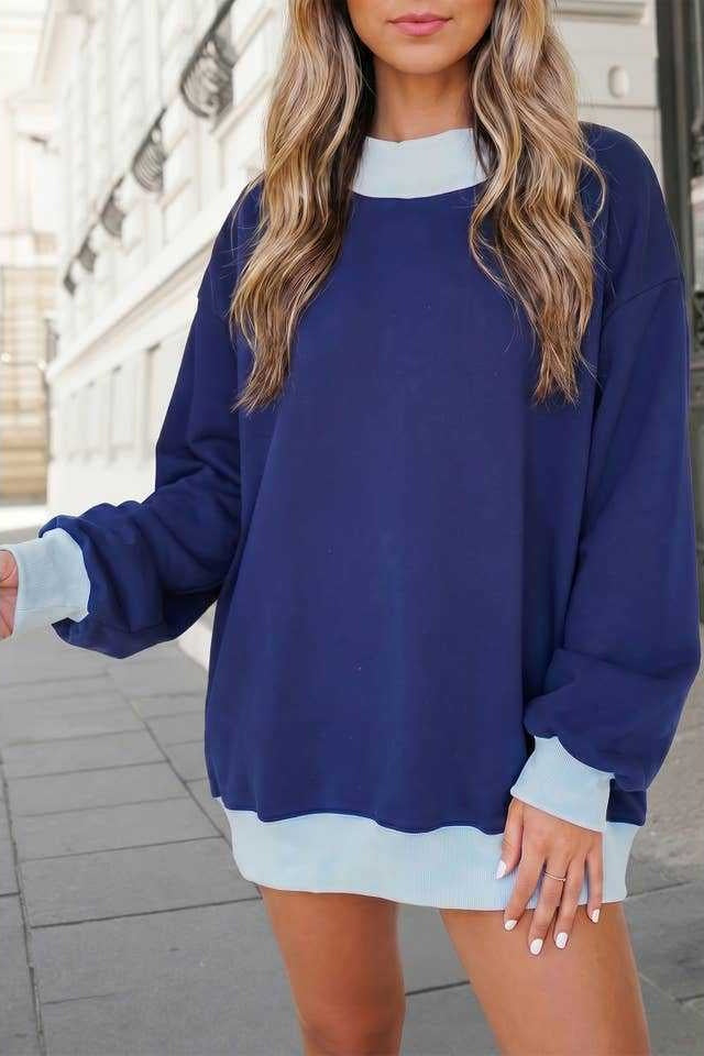 Contrast Rib Mockneck Oversized Sweatshirt - Navy