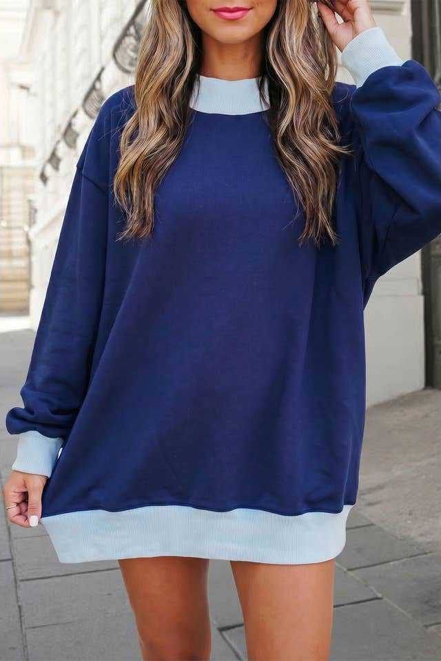 Contrast Rib Mockneck Oversized Sweatshirt - Navy - 1