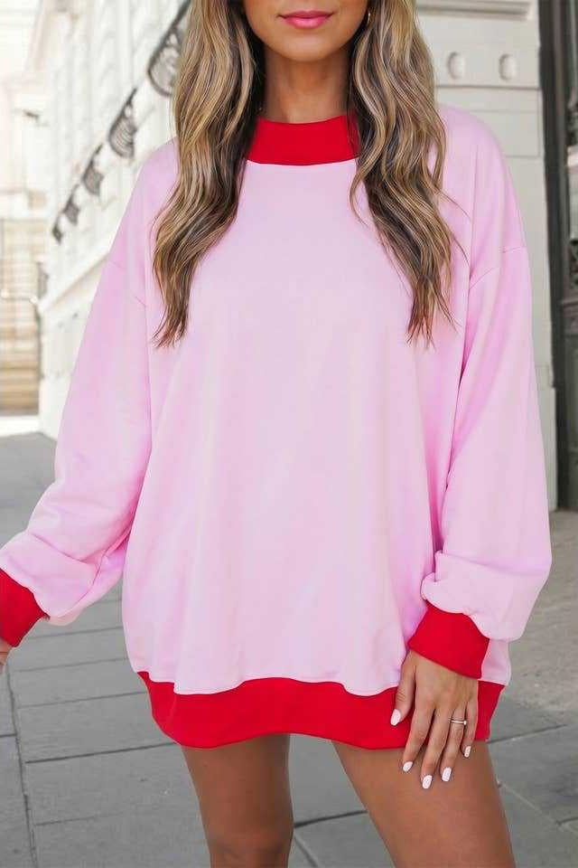 Contrast Rib Mockneck Oversized Sweatshirt - Pink