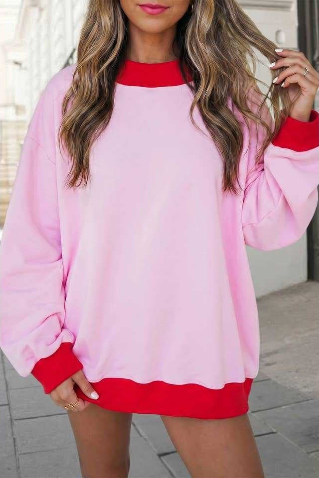 Contrast Rib Mockneck Oversized Sweatshirt - Pink - 1