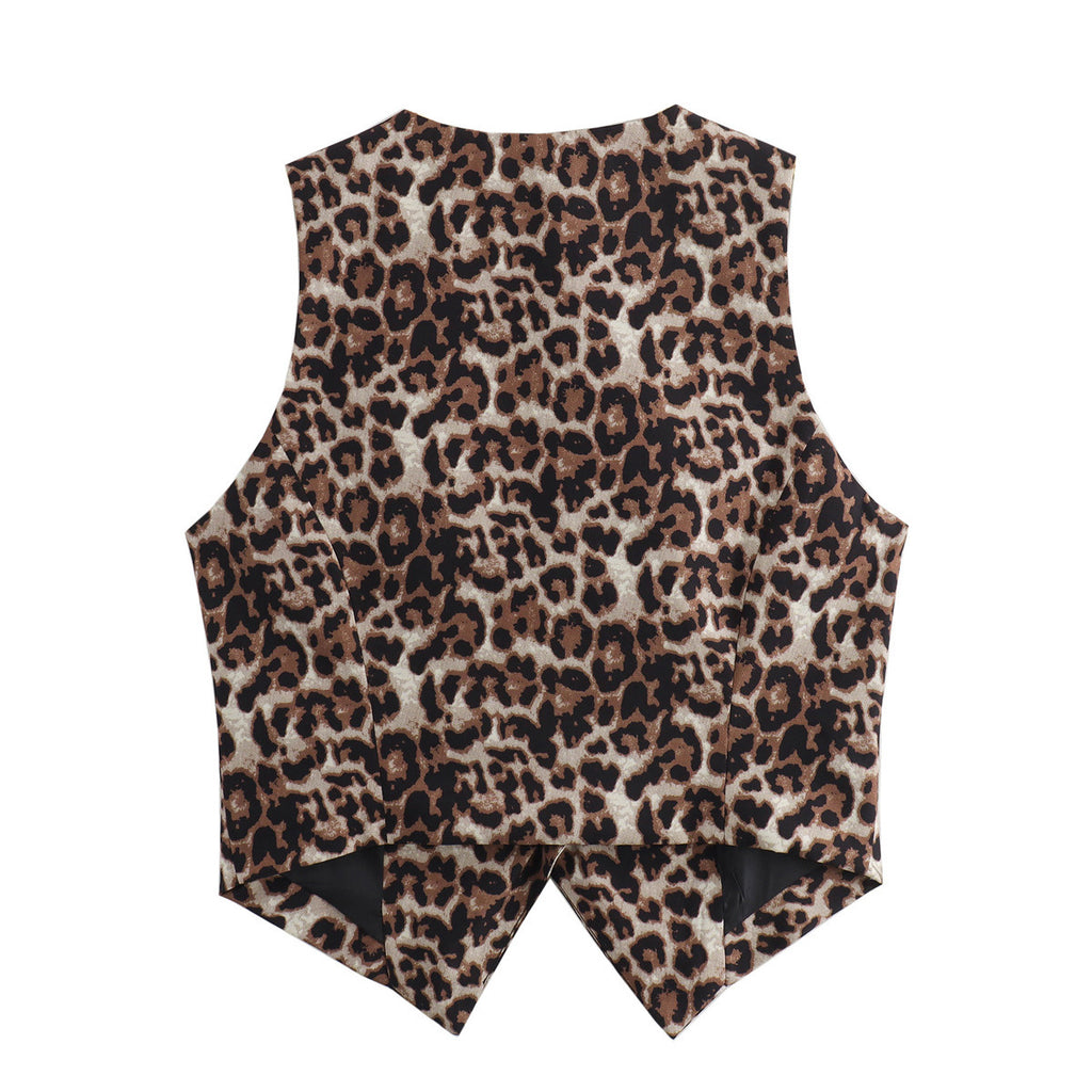 Animal Print Cropped Suit Vest - Brown - 1