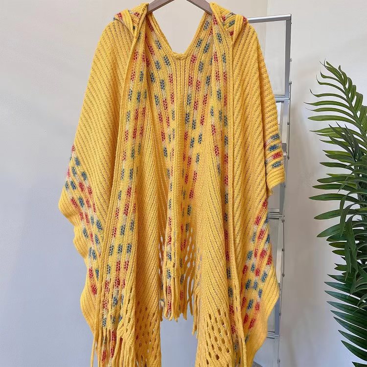 Hooded Fringe Trim Ruana Cape Wrap - Yellow