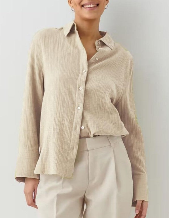 Crinkle Gauze Oversized Button Up Shirt - Apricot