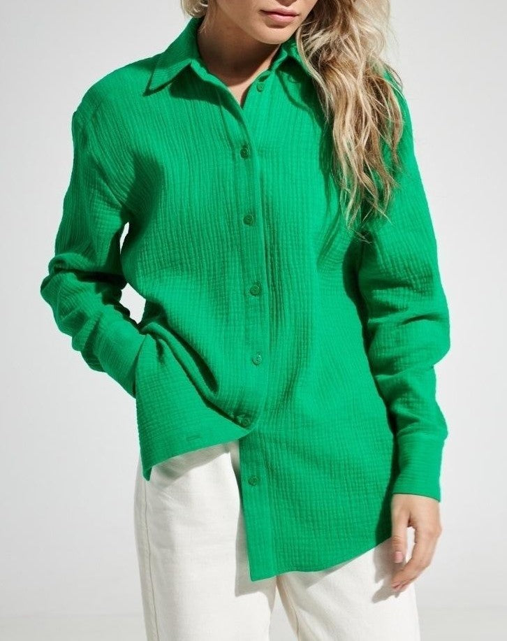 Crinkle Gauze Oversized Button Up Shirt - Green
