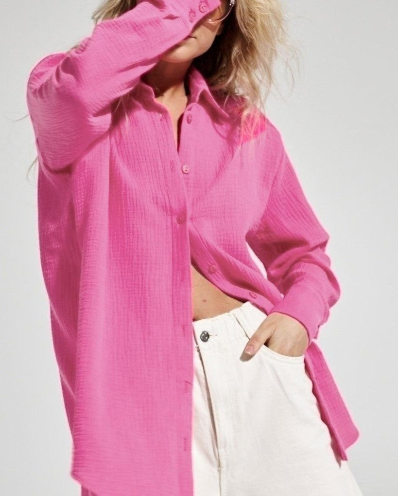 Crinkle Gauze Oversized Button Up Shirt - Pink