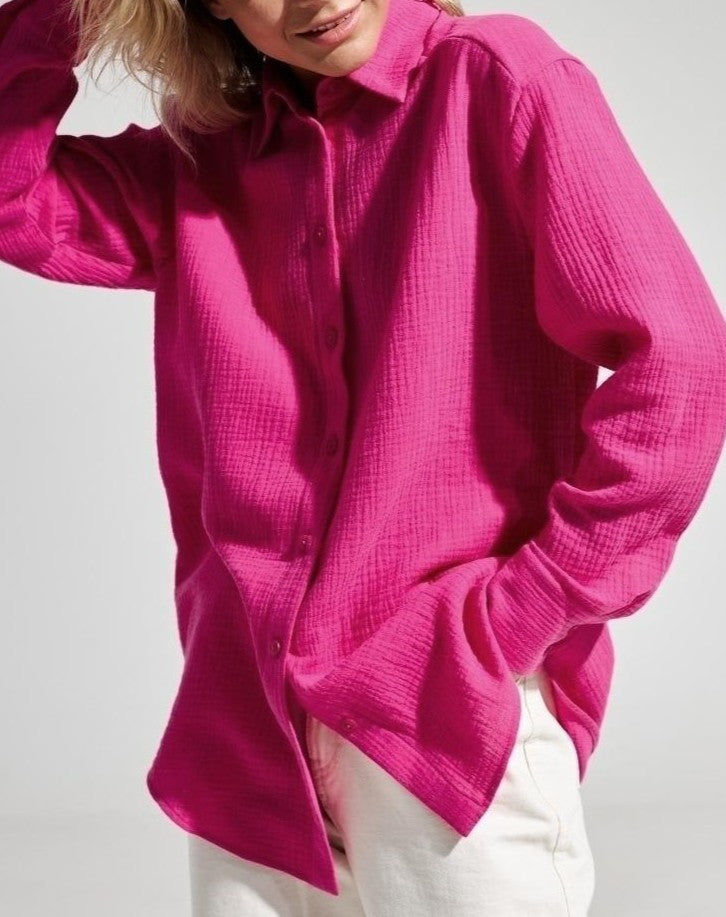 Crinkle Gauze Oversized Button Up Shirt - Rosered