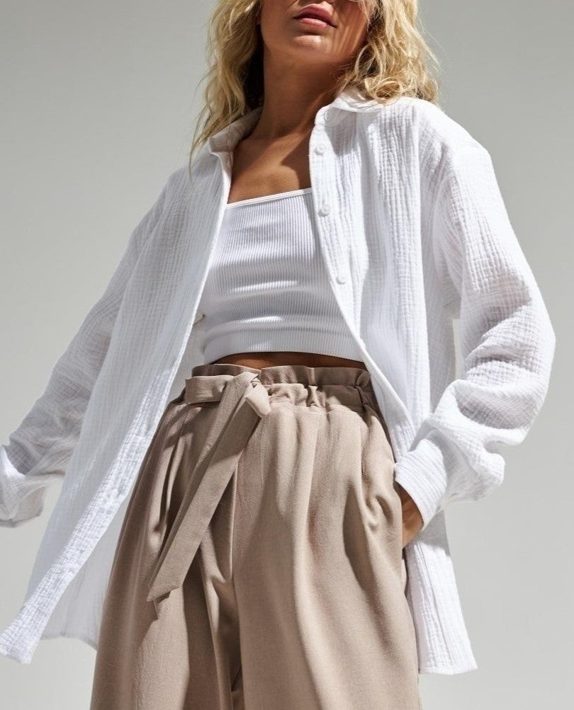 Crinkle Gauze Oversized Button Up Shirt - White