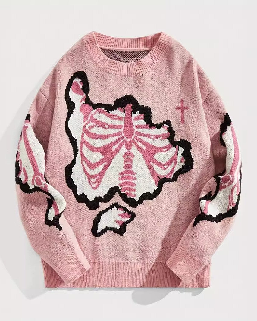 Skeleton Ribcage Graphic Crewneck Sweater - Pink