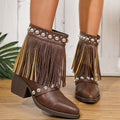 Studded Fringe Western Ankle Boots - Brown