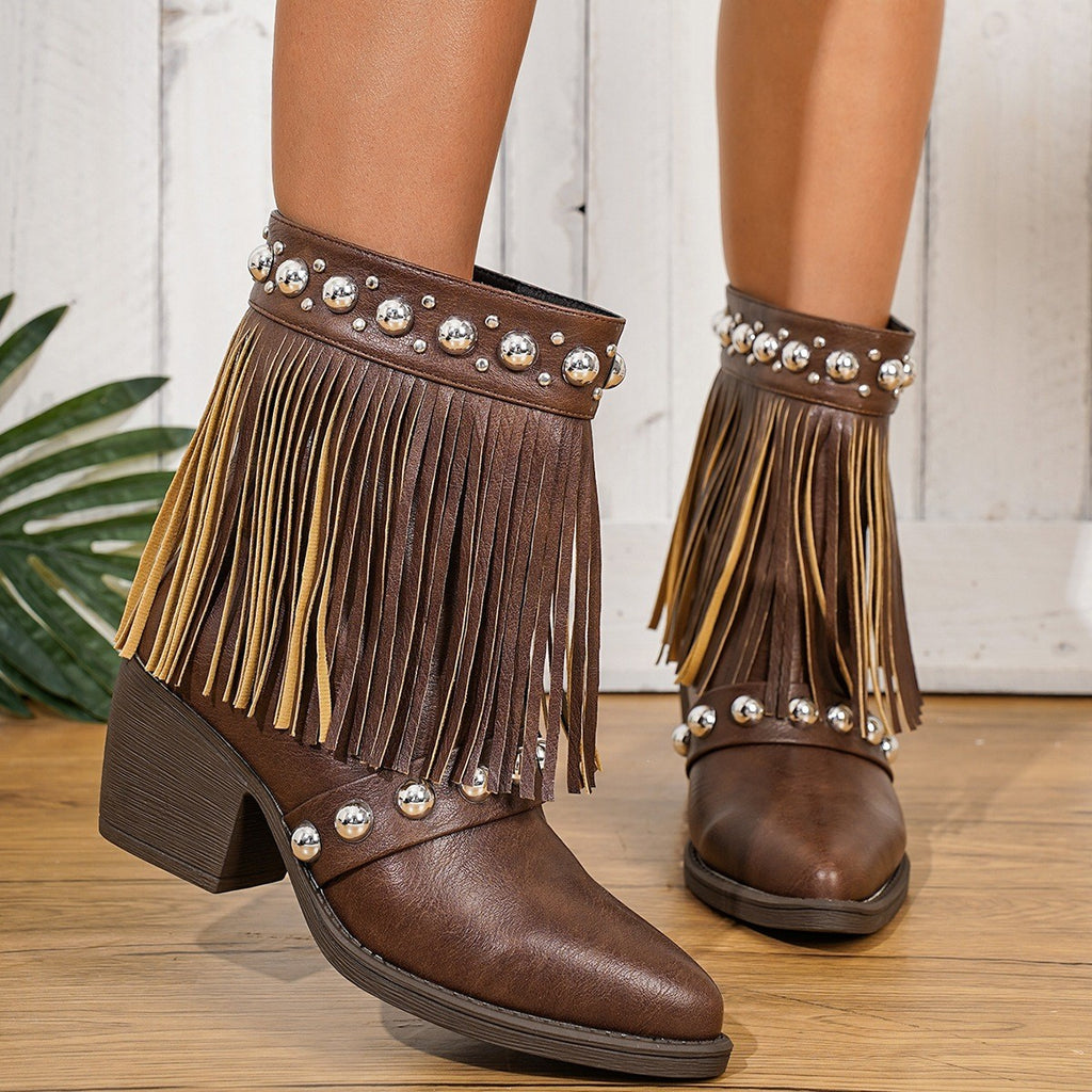 Studded Fringe Western Ankle Boots