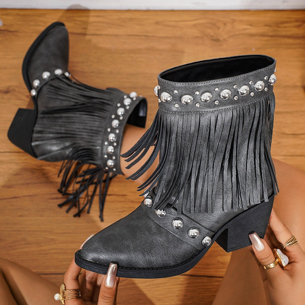 Studded Fringe Western Ankle Boots