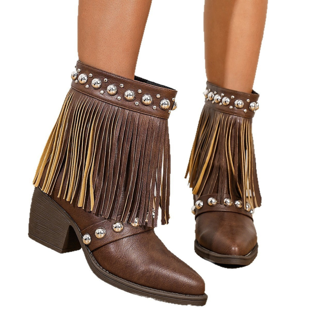 Studded Fringe Western Ankle Boots