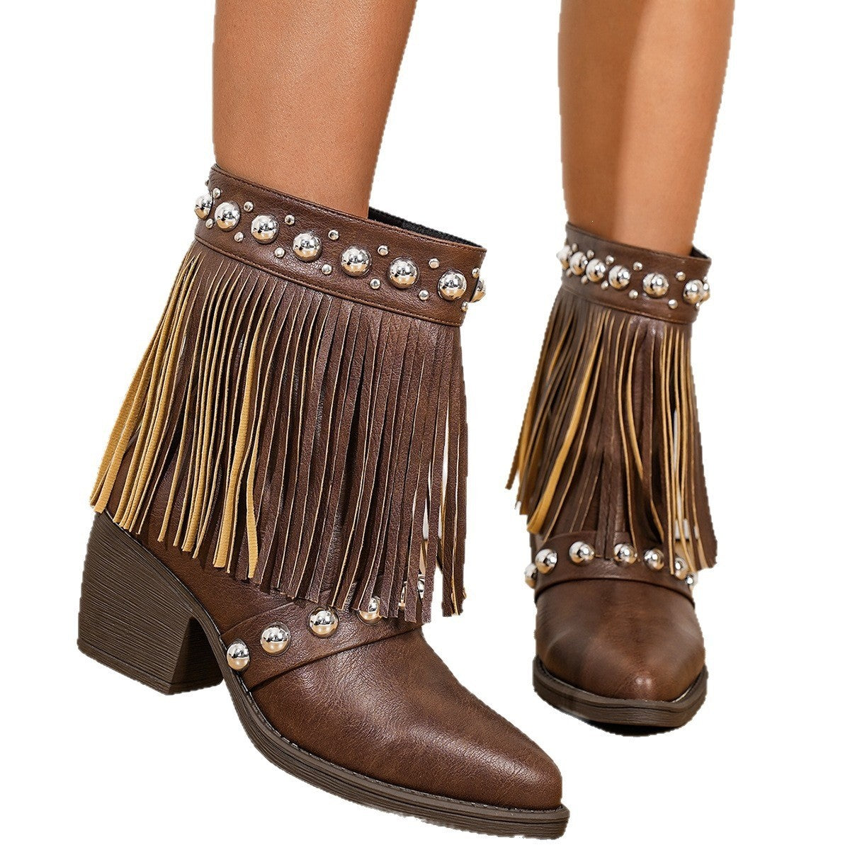 Studded Fringe Western Ankle Boots