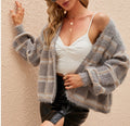 Fuzzy Plaid Check Open Front Cardigan - Light grey