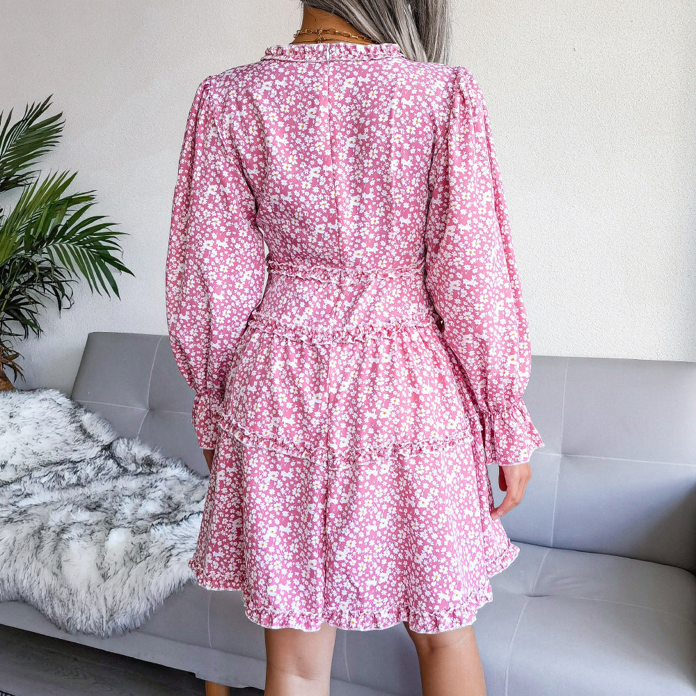 Deep V Neck Long Sleeve Ruffle Mini Dress - Pink - 2