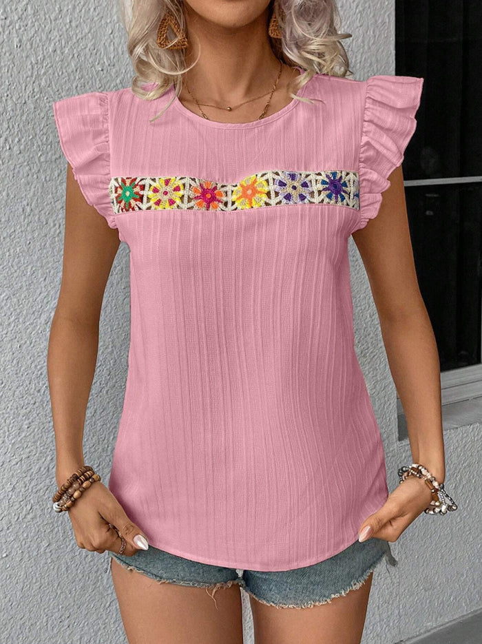 Floral Embroidered Ruffle Shoulder Blouse - Pink - 1