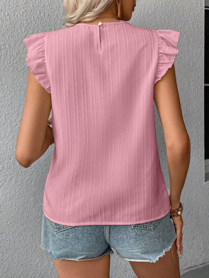 Floral Embroidered Ruffle Shoulder Blouse - Pink - 2