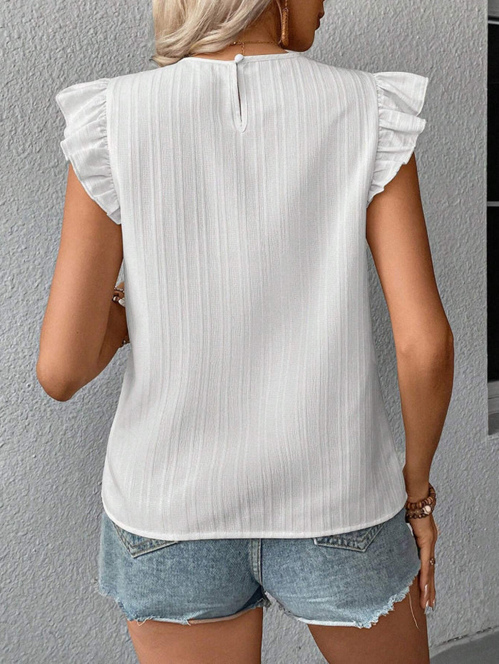 Floral Embroidered Ruffle Shoulder Blouse - White - 1