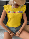 Floral Embroidered Ruffle Shoulder Blouse - Yellow