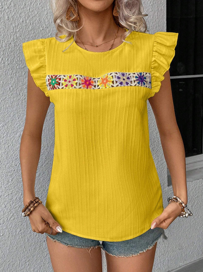 Floral Embroidered Ruffle Shoulder Blouse - Yellow - 1