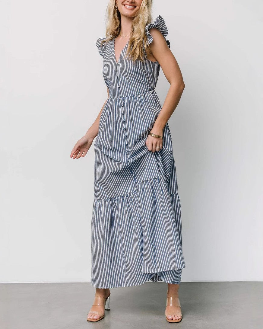 Striped Button Front Flutter Sleeve Maxi Dress - Blue