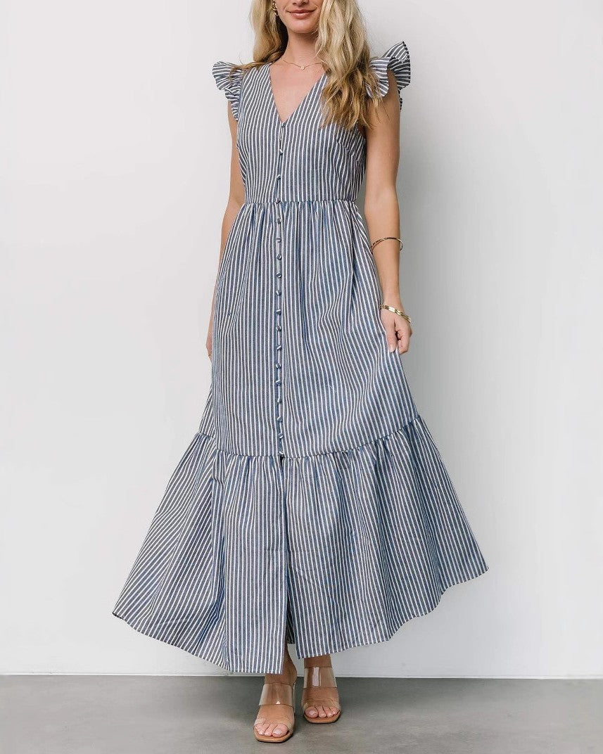 Striped Button Front Flutter Sleeve Maxi Dress - Blue - 1