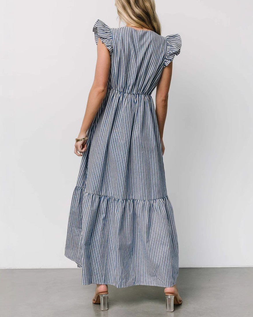 Striped Button Front Flutter Sleeve Maxi Dress - Blue - 2