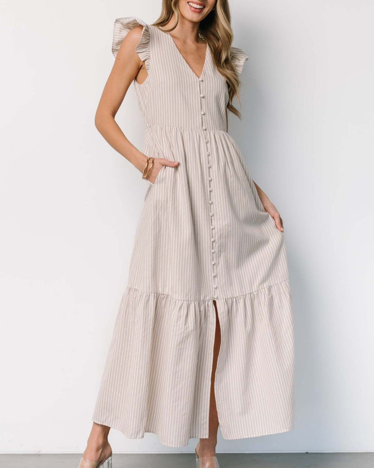 Striped Button Front Flutter Sleeve Maxi Dress - Off-White
