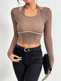 Exposed Seam Long Sleeve Cropped Knit Top - Camel