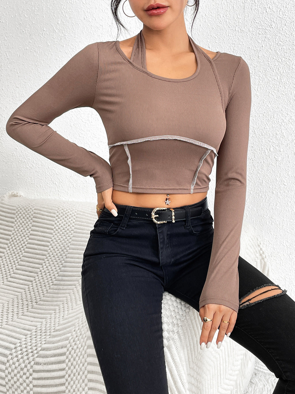 Exposed Seam Long Sleeve Cropped Knit Top - Camel - 1