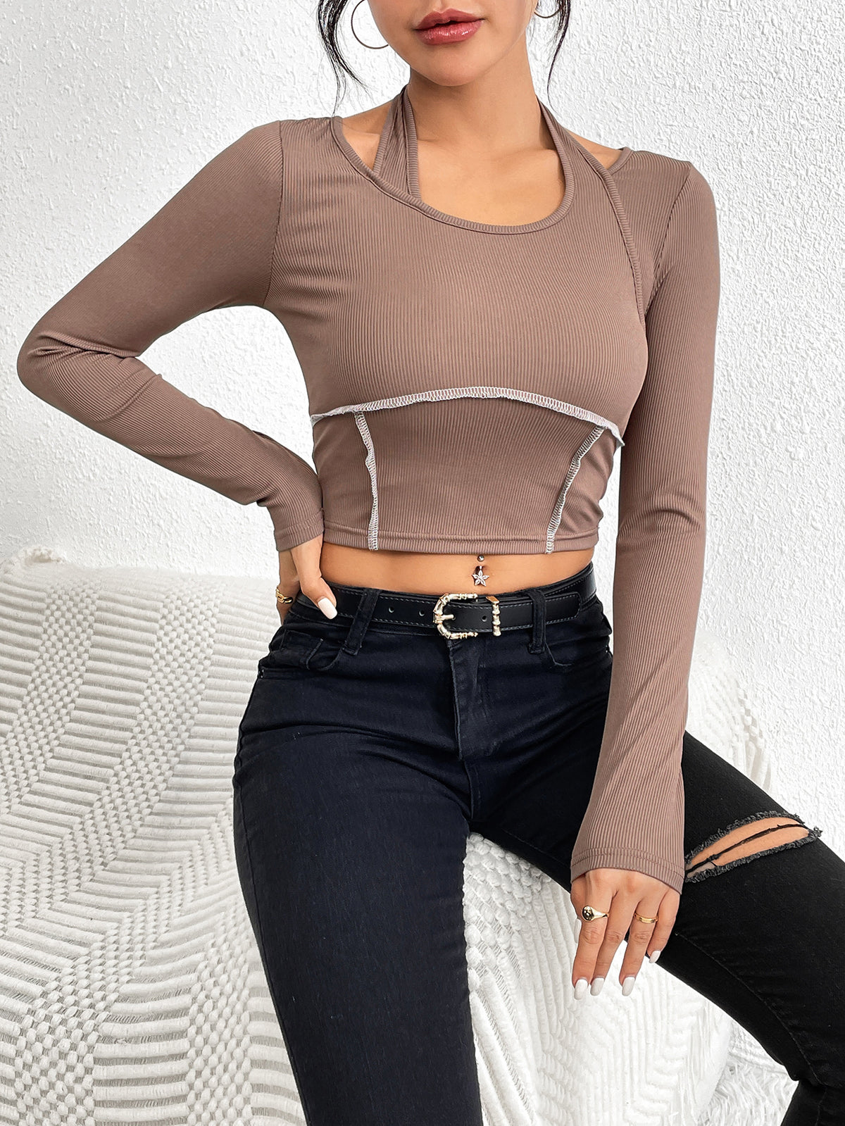 Exposed Seam Long Sleeve Cropped Knit Top - Camel - 1