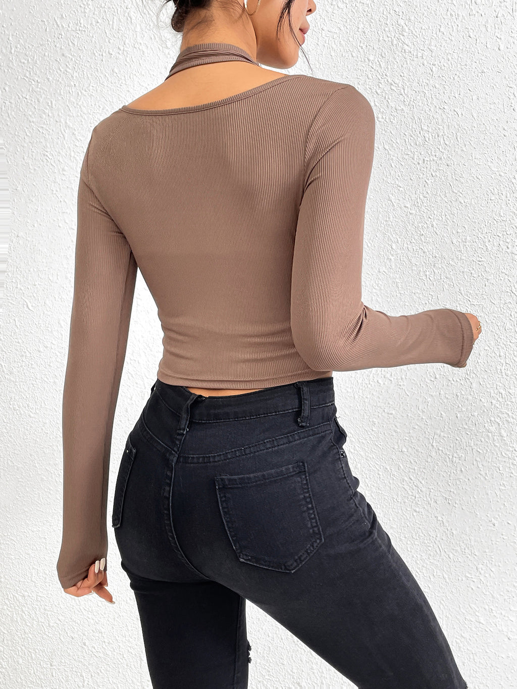 Exposed Seam Long Sleeve Cropped Knit Top - Camel - 3