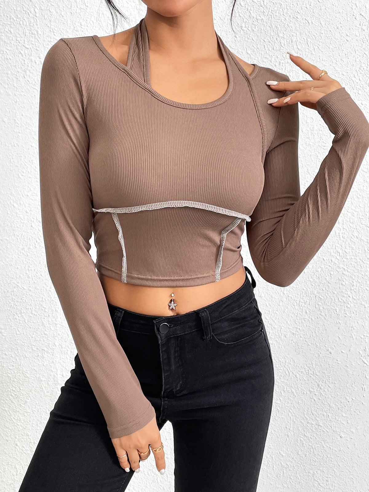 Exposed Seam Long Sleeve Cropped Knit Top - Camel - 5