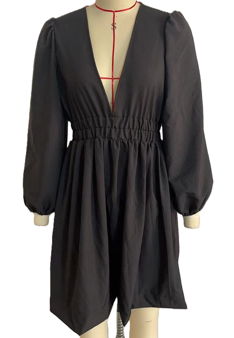 Plunge V Neck Smocked Waist Mini Dress - Black